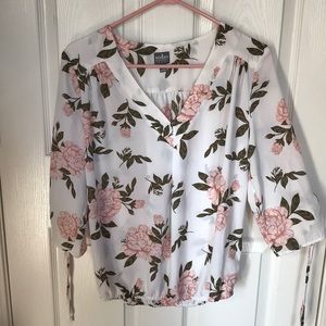 New York & Company white blouse with peonies